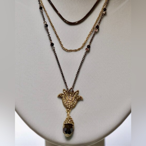 Heidi Daus Gold, Silver and Black Teardrop Pendant with layered chains - Picture 3 of 6